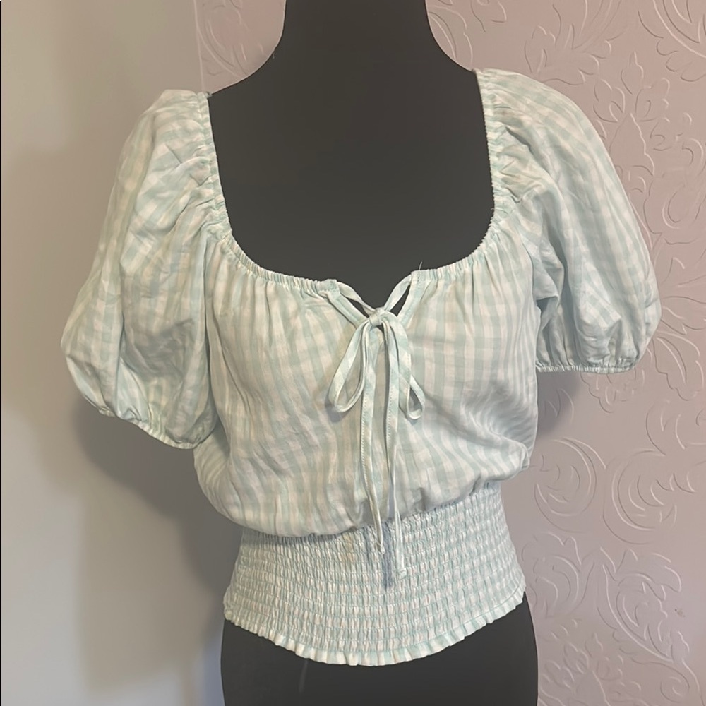 Design Lab Lord & Taylor Blue Puff Sleeve Blouse with Tie Front